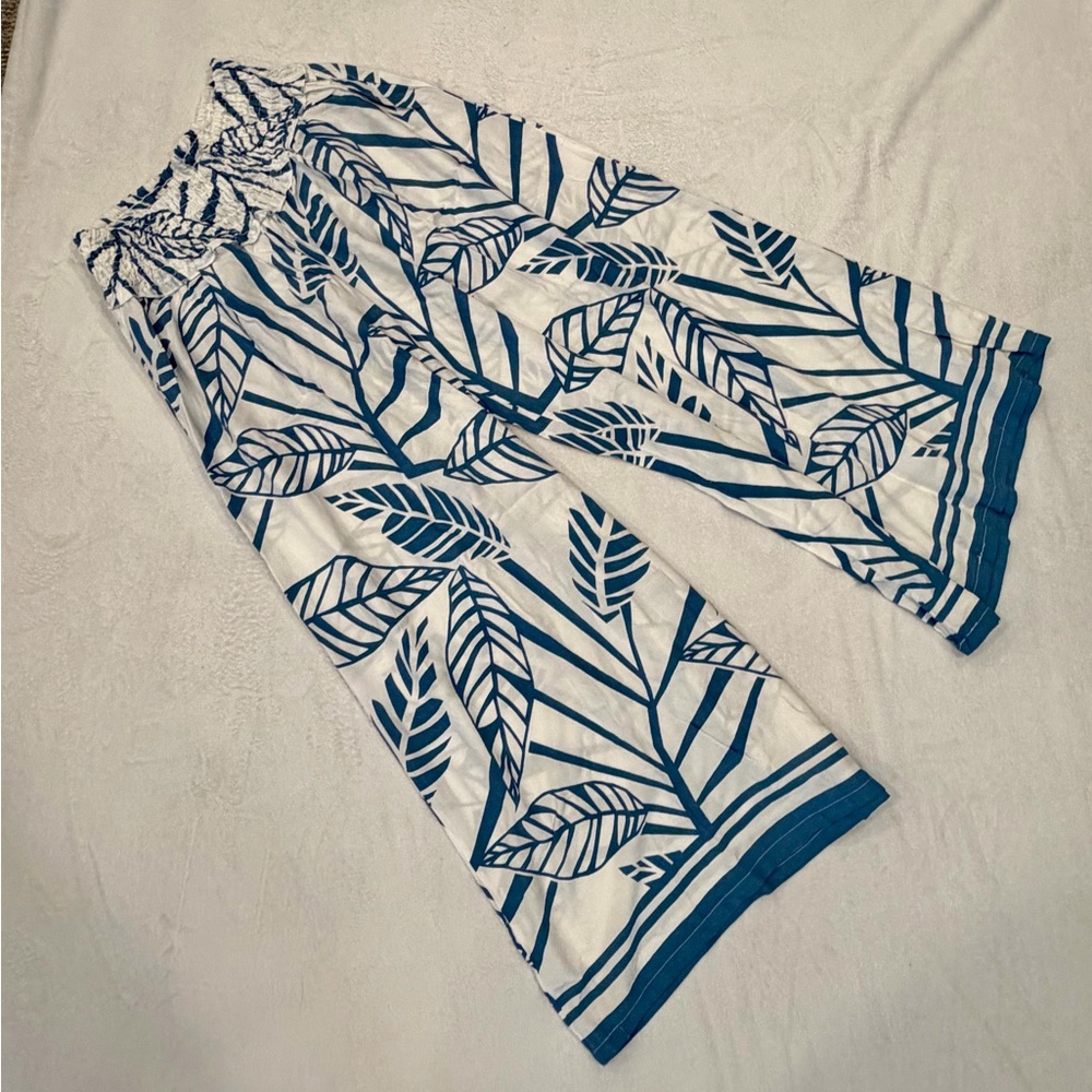 ISH Blue and White Leaf Print Wide Leg Pants